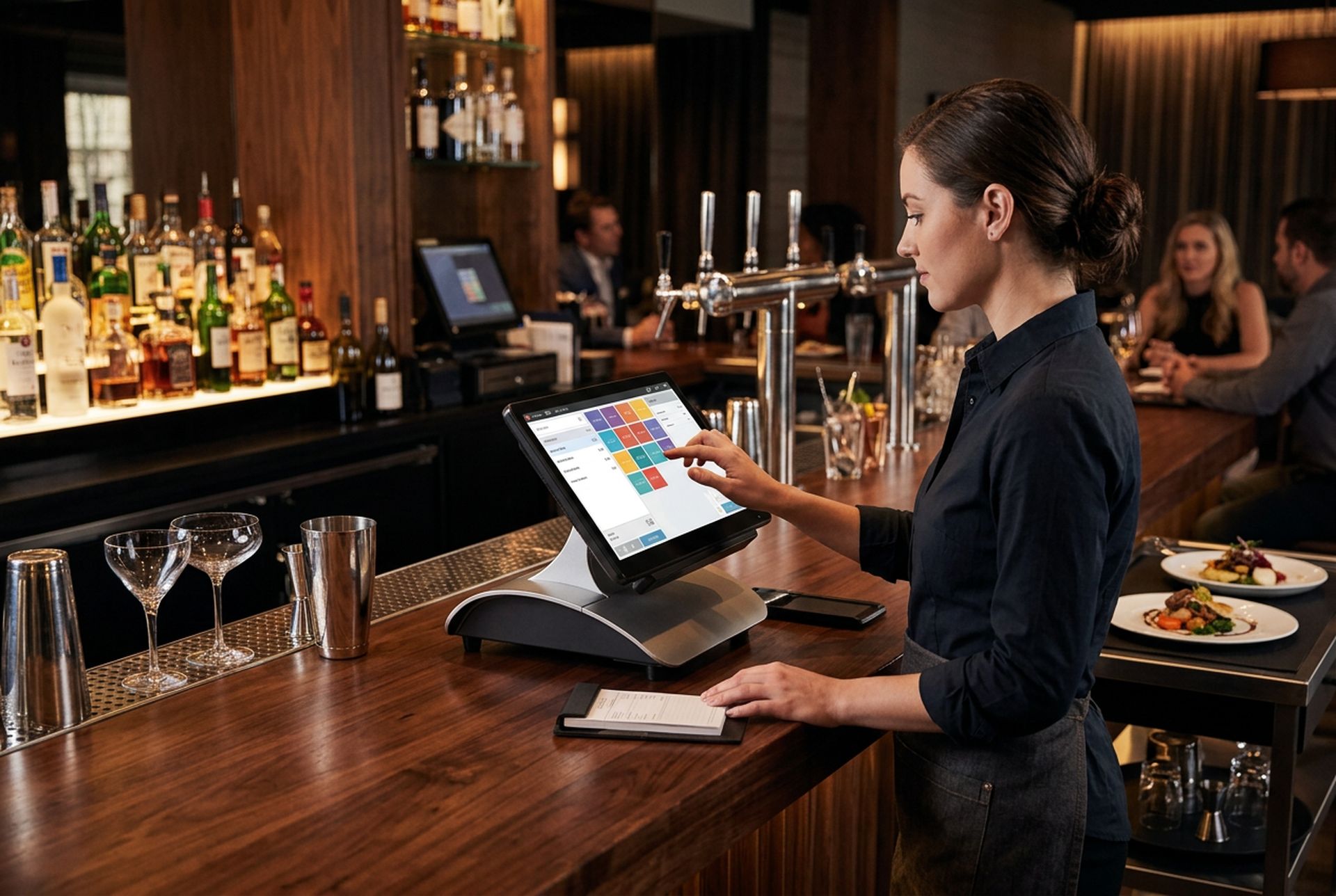 Bartender using a POS touchscreen at the bar